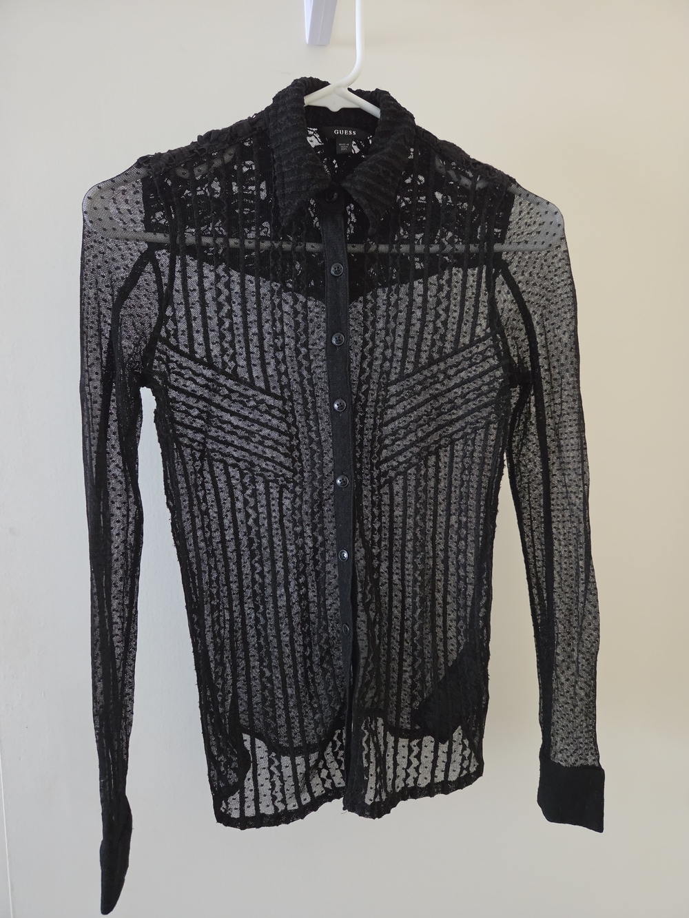 GUESS Black Sheer Mesh Button-Up Blouse